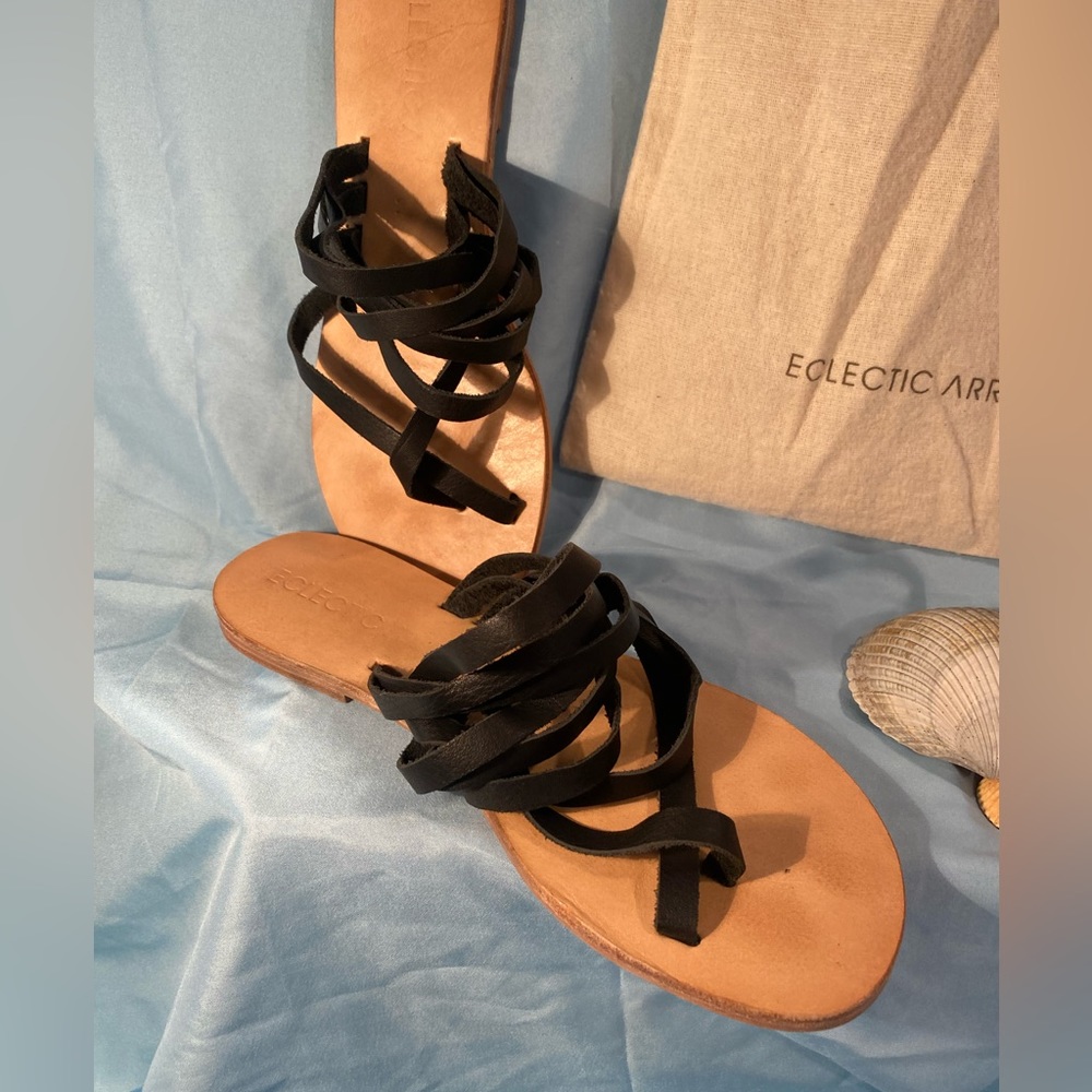 Electic Array | Careyes | Artisan-Made Black Leather Sandals | Women's size 7